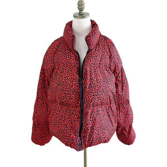 Fabletics Red and Black Leopard Print Puffer Coat Women's Size Plus 4X EUC - Picture 1 of 10